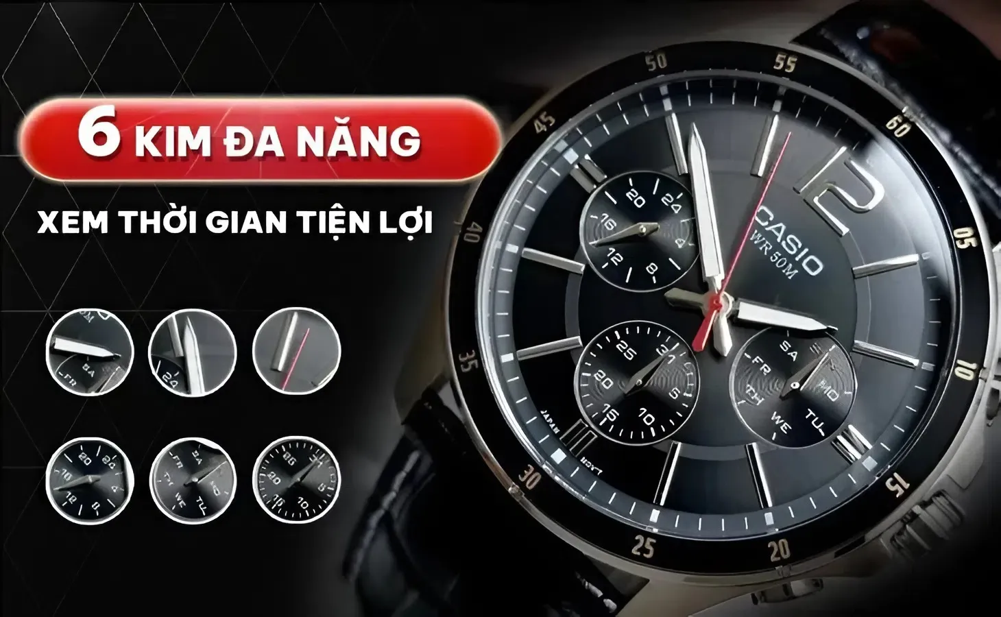 Casio MTP-1374L-1AVDF mặt số 6 kim với lịch thứ, ngày và 24h tiện lợi